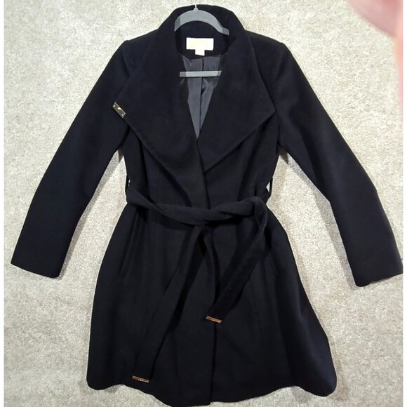 MICHAEL Kors Wool Blend Walker Trench Coat Asymmetrical Belted Black Lined Sz S
